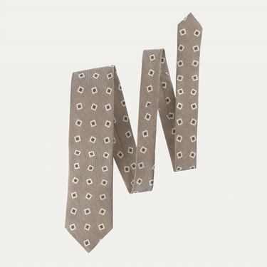 Printed Woven Linen-Silk Blend Tie in Beige Patten