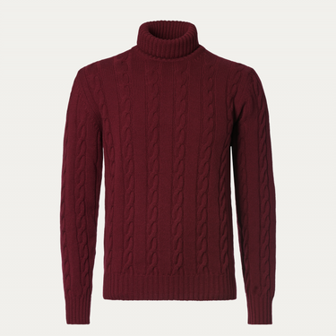 Luciano Barbera Turtleneck Cable-Knit Wool, Silk and Cashmere-Blend Sweater in Burgundy - SARTALE