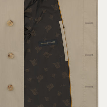 Interior lining of Sealup beige raincoat with branded pattern and label 'NAVIGLIO GRANDE', emphasizing luxury and quality finish.