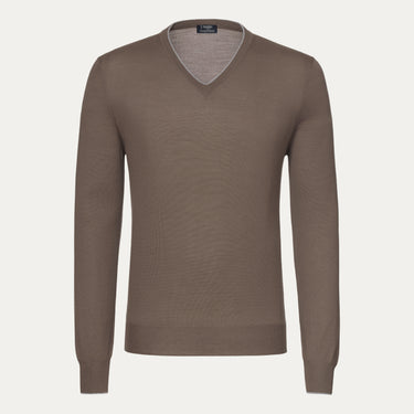 V-Neck Virgin Wool Pullover in Coffee Brown