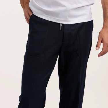 Virgin Wool Drawstring Trousers in Dark Blue Melange