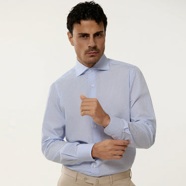Camisa clásica a cuadros de algodón en blanco y azul claro