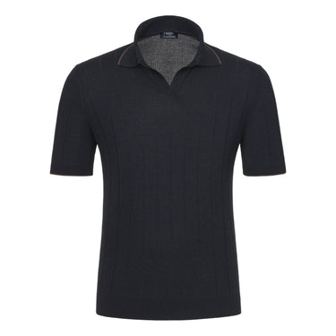 V-Neck Silk Polo Shirt in Navy Blue