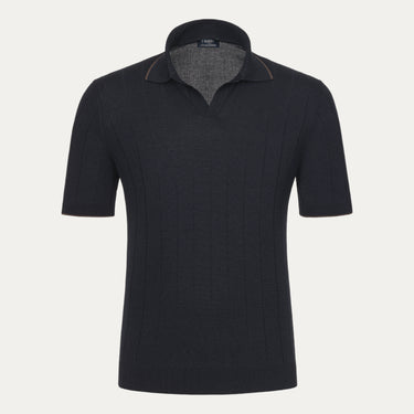 V-Neck Silk Polo Shirt in Navy Blue