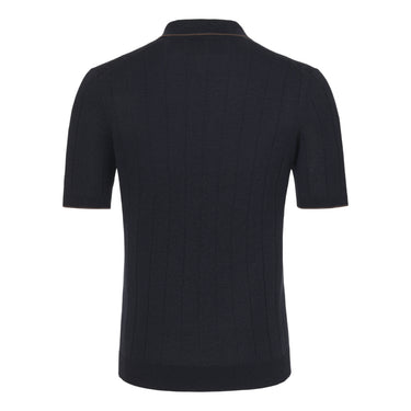 V-Neck Silk Polo Shirt in Navy Blue