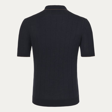 V-Neck Silk Polo Shirt in Navy Blue