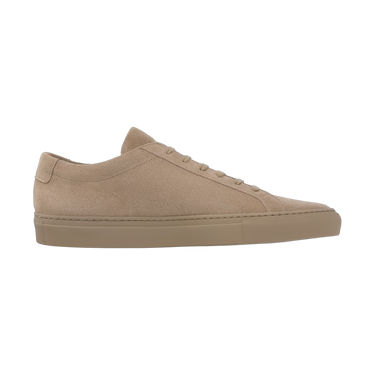 Side profile of walnut suede 'Achilles Tonal' sneakers by Common Projects, featuring sleek silhouette and tonal rubber sole.