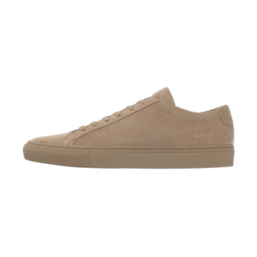 Lateral view of Common Projects 2478 3290 sneakers in walnut suede with signature gold foil serial number detail on the heel.