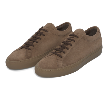 Common Projects 2478 9417 Achilles Tonal suede leather sneakers in dark brown with tonal laces and rubber sole, available at SARTALE.