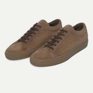 Common Projects 2478 9417 Achilles Tonal suede leather sneakers in dark brown with tonal laces and rubber sole, available at SARTALE.