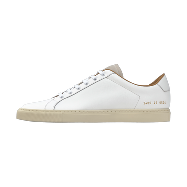 Common Projects Retro Low sneaker in white leather with signature gold serial number 2480 0506 on heel, SS25 release at SARTALE.