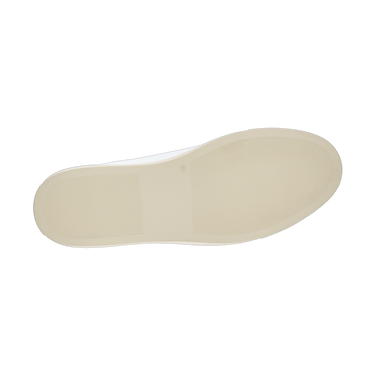 Outsole view of Common Projects Retro Low white sneaker showing beige rubber sole with textured grip, from SS25 collection.