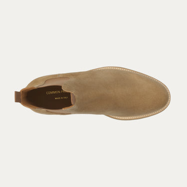 Top view of Common Projects Waxed Suede Chelsea Boot in Light Brown showing sleek silhouette and fine stitching. Made in Italy, SS25 collection.