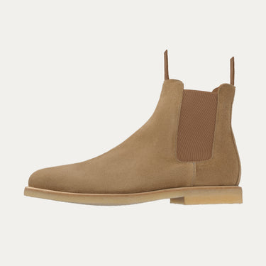 Opposite side view of Common Projects Light Brown Chelsea Boot with waxed suede finish and minimalist design. SS25 premium shoe collection.
