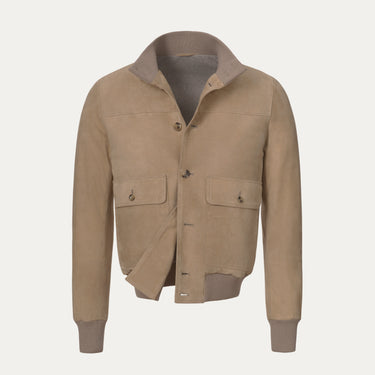 Button-Up Suede Bomber Jacket in Peanut Brown