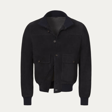 Button-Up Suede Bomber Jacket in Navy Blue
