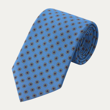 Woven Silk Lined Tie with Blue Flower Design