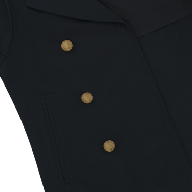 Close-up of Sealup Amalfi Peacoat's gold buttons and front pocket detailing, highlighting luxury design in navy blue outerwear.