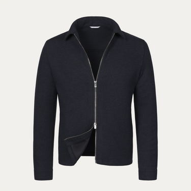 Virgin Wool and Cashmere Zip-Up Overshirt in Navy Blue