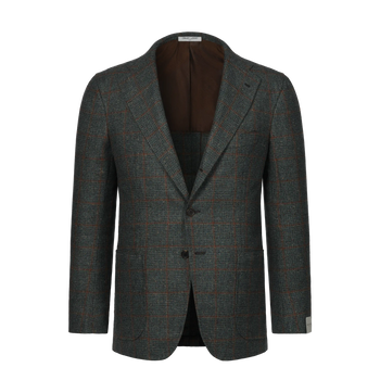 Orazio Luciano single-breasted wool checked jacket in soft green and brown with notch lapels and two-button closure, ideal for winter wear.