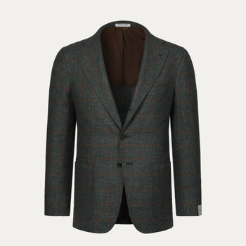Orazio Luciano single-breasted wool checked jacket in soft green and brown with notch lapels and two-button closure, ideal for winter wear.
