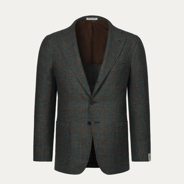 Orazio Luciano single-breasted wool checked jacket in soft green and brown with notch lapels and two-button closure, ideal for winter wear.