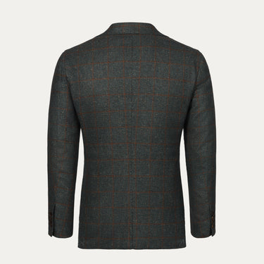 Back view of Orazio Luciano soft green and brown wool checked jacket showing tailored fit and classic check pattern for refined menswear styling.