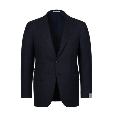Orazio Luciano single-breasted wool suit jacket in navy blue with subtle check pattern, tailored for a refined silhouette. Ideal for formal winter wear.