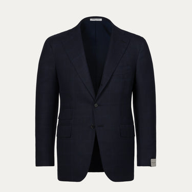 Orazio Luciano single-breasted wool suit jacket in navy blue with subtle check pattern, tailored for a refined silhouette. Ideal for formal winter wear.