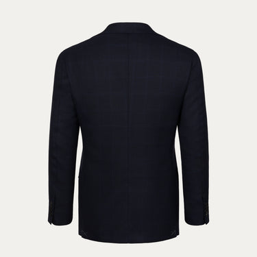 Back view of Orazio Luciano navy blue wool suit jacket featuring a clean, structured design with a soft check pattern. Perfect for elegant menswear styling.