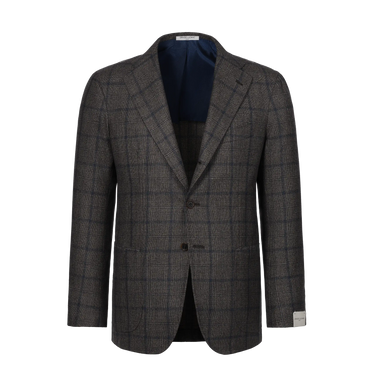 Orazio Luciano single-breasted wool checked jacket in brown and dark blue with notch lapels, ideal for refined winter menswear styling.