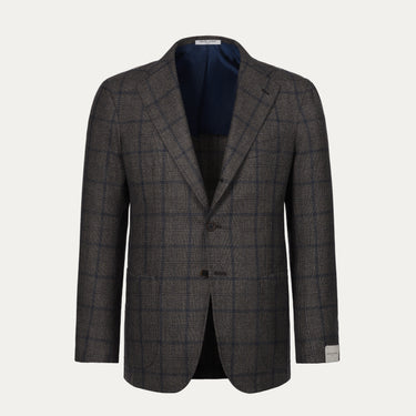Orazio Luciano single-breasted wool checked jacket in brown and dark blue with notch lapels, ideal for refined winter menswear styling.