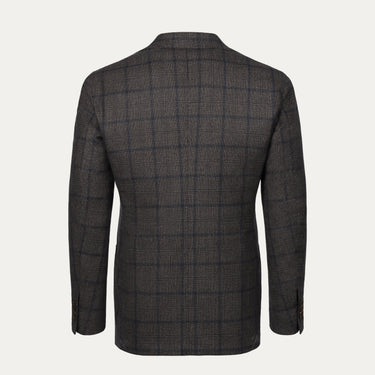 Back view of Orazio Luciano brown and dark blue checked wool jacket, showcasing tailored fit and premium fabric for formal wear.