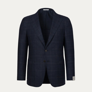 Orazio Luciano single-breasted Prince of Wales checked jacket in dark blue and brown with notch lapels and patch pockets, front view. Premium outerwear from SARTALE.