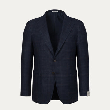 Orazio Luciano single-breasted Prince of Wales checked jacket in dark blue and brown with notch lapels and patch pockets, front view. Premium outerwear from SARTALE.