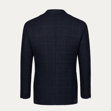 Back view of Orazio Luciano dark blue and brown Prince of Wales checked jacket, showcasing tailored fit and fine wool texture. Ideal for winter collections.
