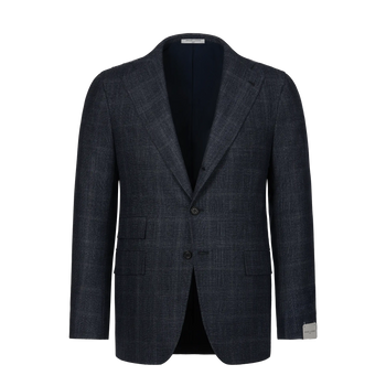 Orazio Luciano single-breasted Prince of Wales wool suit jacket in dark blue with notch lapels and front flap pockets, ideal for winter formalwear.