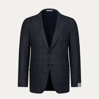 Orazio Luciano single-breasted Prince of Wales wool suit jacket in dark blue with notch lapels and front flap pockets, ideal for winter formalwear.