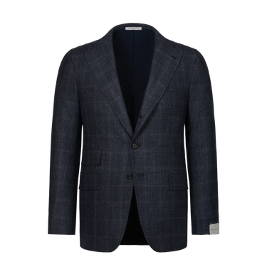 Orazio Luciano single-breasted Prince of Wales wool suit jacket in dark blue with notch lapels and front flap pockets, ideal for winter formalwear.
