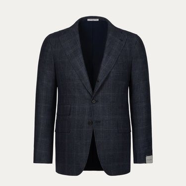 Orazio Luciano single-breasted Prince of Wales wool suit jacket in dark blue with notch lapels and front flap pockets, ideal for winter formalwear.