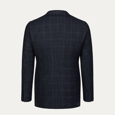 Back view of Orazio Luciano dark blue Prince of Wales wool suit jacket showcasing tailored fit and subtle check pattern for refined menswear styling.