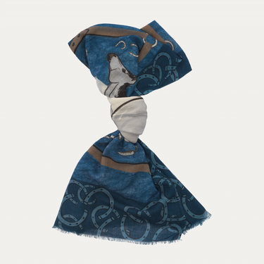 Bontoni Fringed Cashmere Scarf with Horse Print in Blue - SARTALE