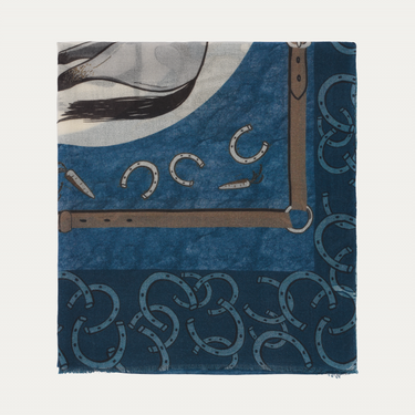 Bontoni Fringed Cashmere Scarf with Horse Print in Blue - SARTALE