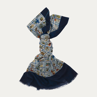 Bontoni Fringed Printed Cashmere Scarf in Blue - SARTALE