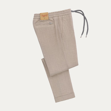 Virgin Wool Drawstring Trousers in Light Beige Melange