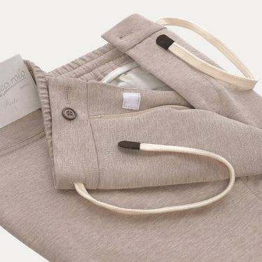 Cotton-Silk Blend Drawstring Trousers in Beige