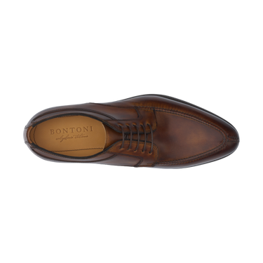 Top view of Bontoni Quasimodo split toe Derby in brown, highlighting fine leather craftsmanship and five-eyelet lace design for Sartale.