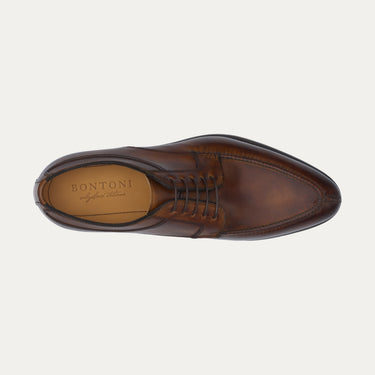 Top view of Bontoni Quasimodo split toe Derby in brown, highlighting fine leather craftsmanship and five-eyelet lace design for Sartale.