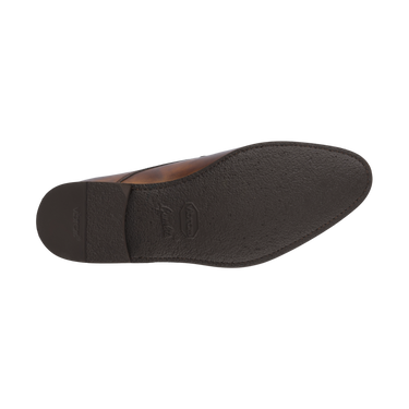 Outsole view of Bontoni Quasimodo Derby in brown, displaying textured sole with logo branding for durable and stylish men's footwear.