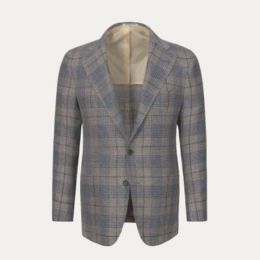 Linen-Wool Plaid Jacket in Blue and Brown